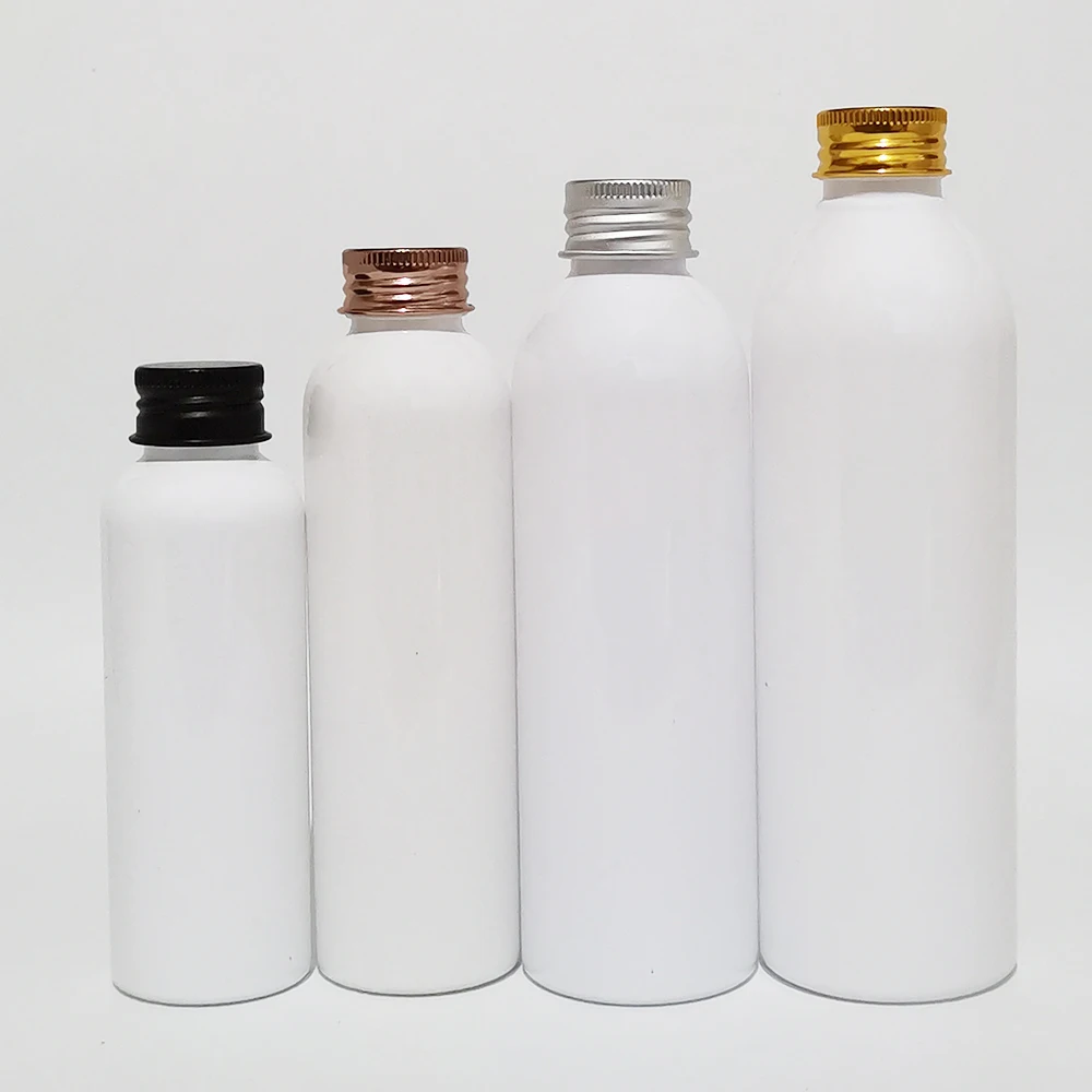 

100ml 150ml 200ml 250ml Empty White Cosmetic Bottles With Gold Black Bronze Silver Aluminium Screw Cap Containers For Shampoo