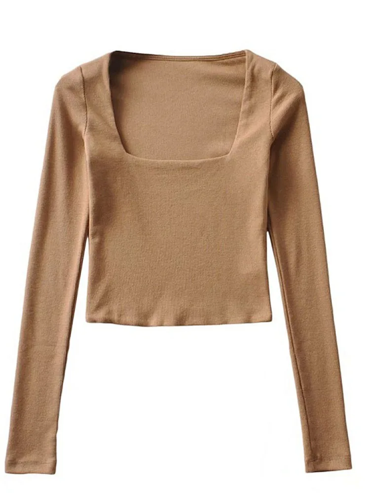 Women Cotton Ribbed Square Neck Crop Top With Long Sleeve