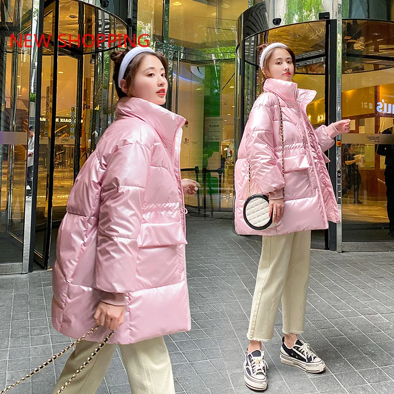 2021 New Winter women parkas fashion shiny fabric thicken windproof warm jackets cotton coat outwear snow wear jacket streetwear