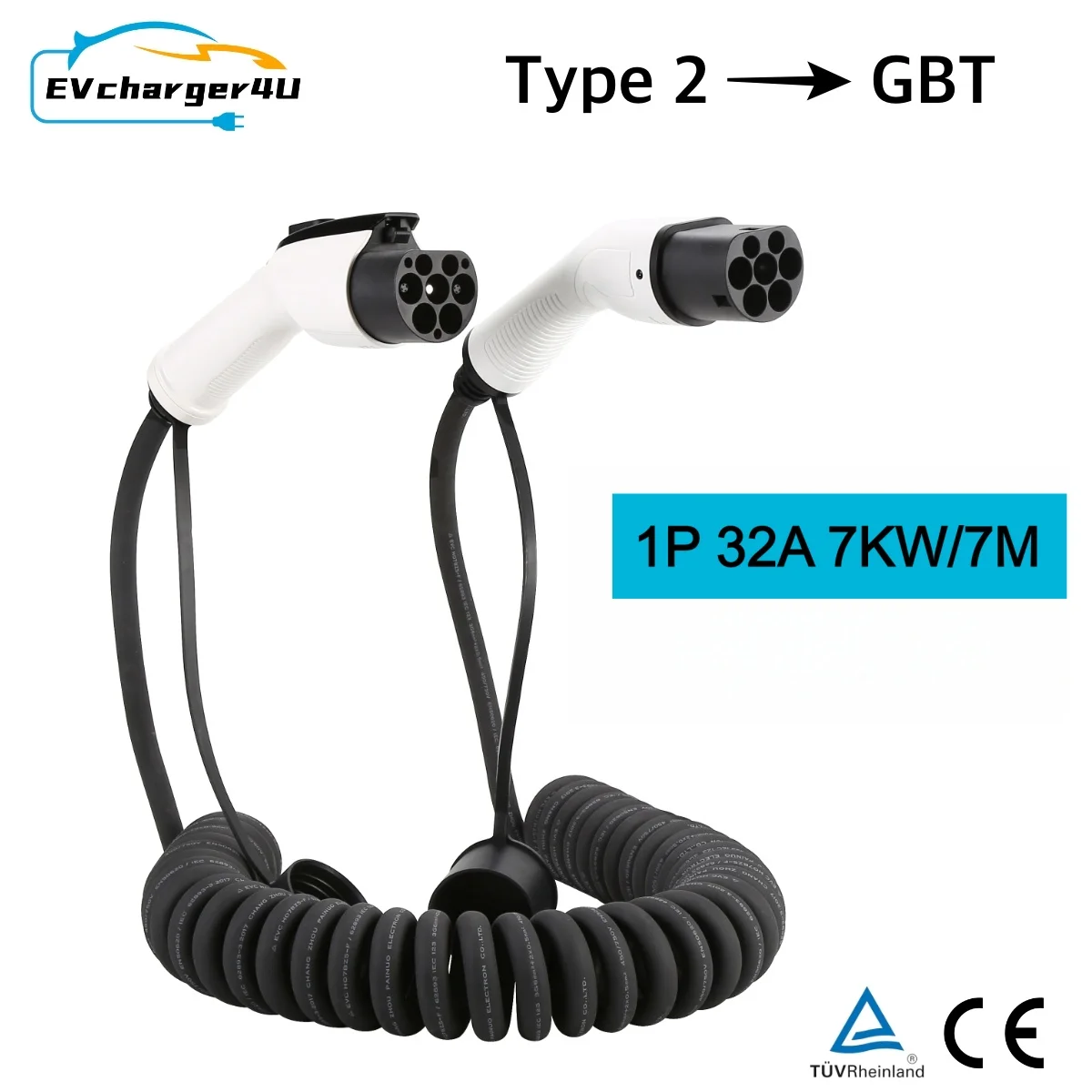 EVcharger4U IEC62196 Тип 2 к GBT Спиральный кабель для зарядки электромобилей 1 фаза/3 фазы 32A 5 м/7 м Тип 2 ГБ/Т Спиральный кабель EVSE для китайских электромобилей