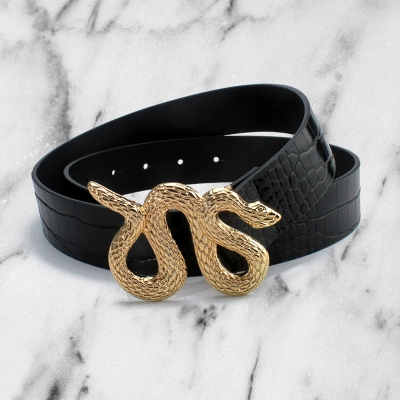 

Locomotive Women Belts with Golden Color Snake Buckle Ladies All-match Waistband