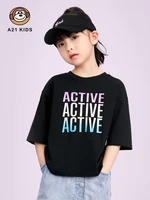 a21 casual knitting t shirts for girls summer clothes 2022 fashion letter printing tees 6 8y childrens loose short sleeves tops
