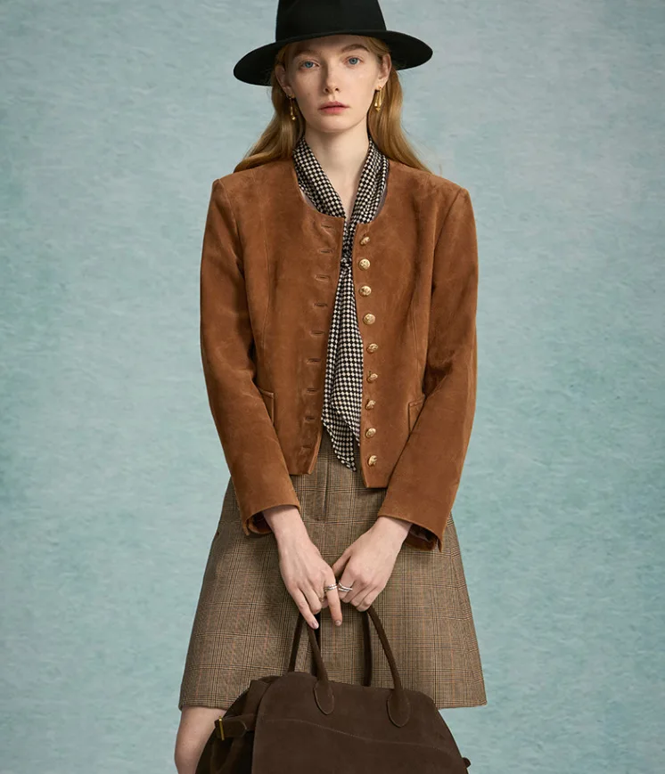 2023 New Genuine Sheepskin Reverse Fleece Round Neck Metal Leather Jacket E22