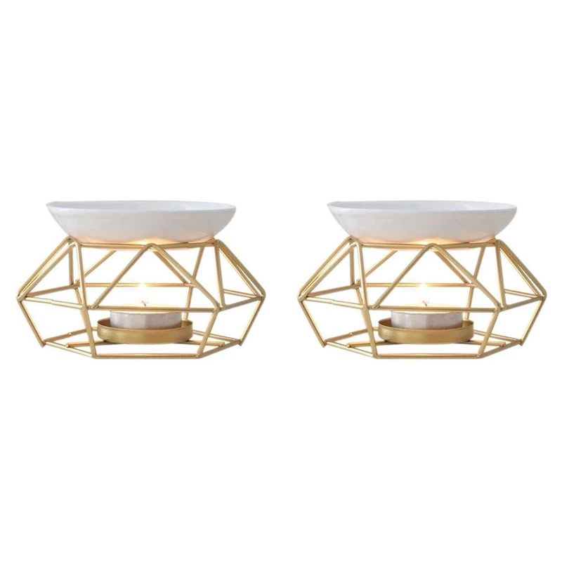 

ABHU 2X Ceramic Fragrance Lamp Essential Oil Burner Metal Burner For Essential Oils Wax Melt Burner With Round Ceramic Bowl