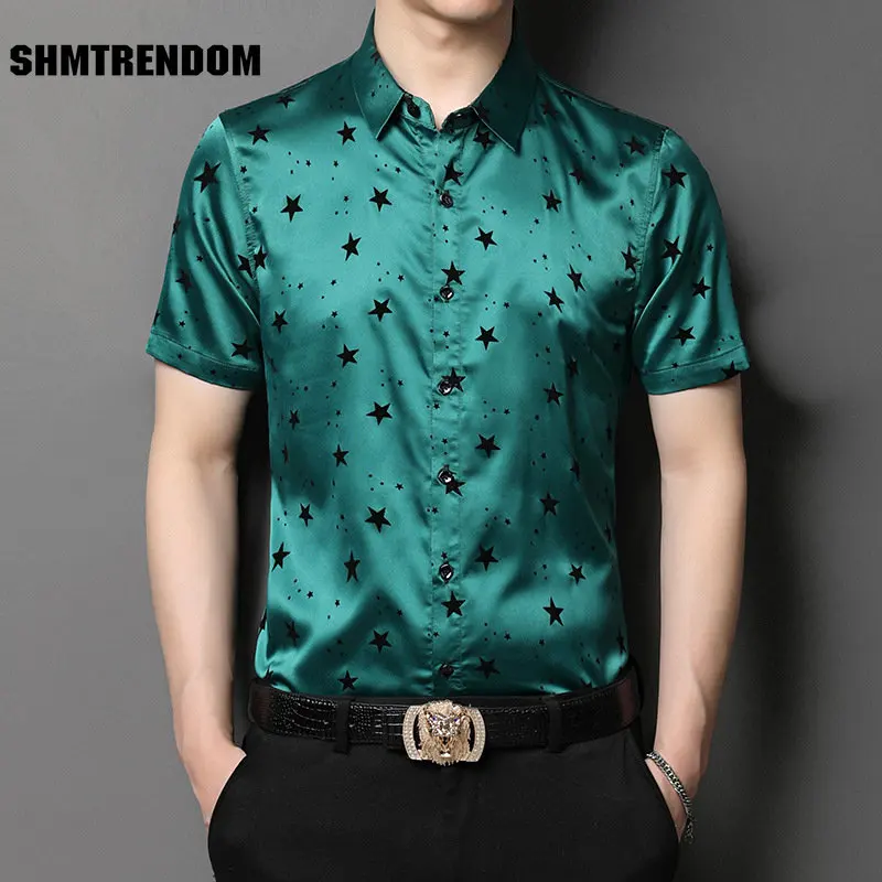 

Pentagram Pattern Carving Loose Fit Short Sleeve Dress Shirt Men Summer New Quality Smooth Comfortable Icy Cool Camisa Masculina