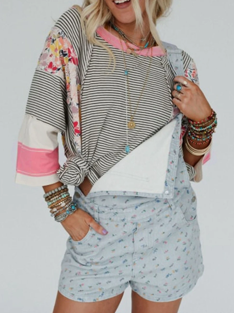 Женская свободная футболка с цветочным принтом и круглым вырезом