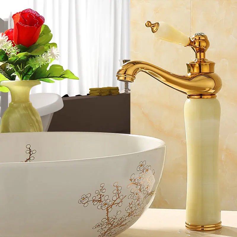 

Golden Washbasin Faucet Hot And Cold Water Faucet Natural Jade Countertop Basin Water Tap Bathtub Faucet Bathroom Faucets