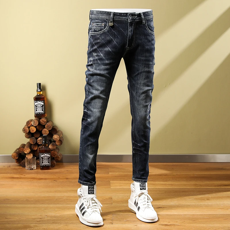 Fashion Designer Men Jeans Retro Black Blue Elastic Stretch Skinny Ripped Jeans Men Vintage Trousers Casual Denim Pants Hombre