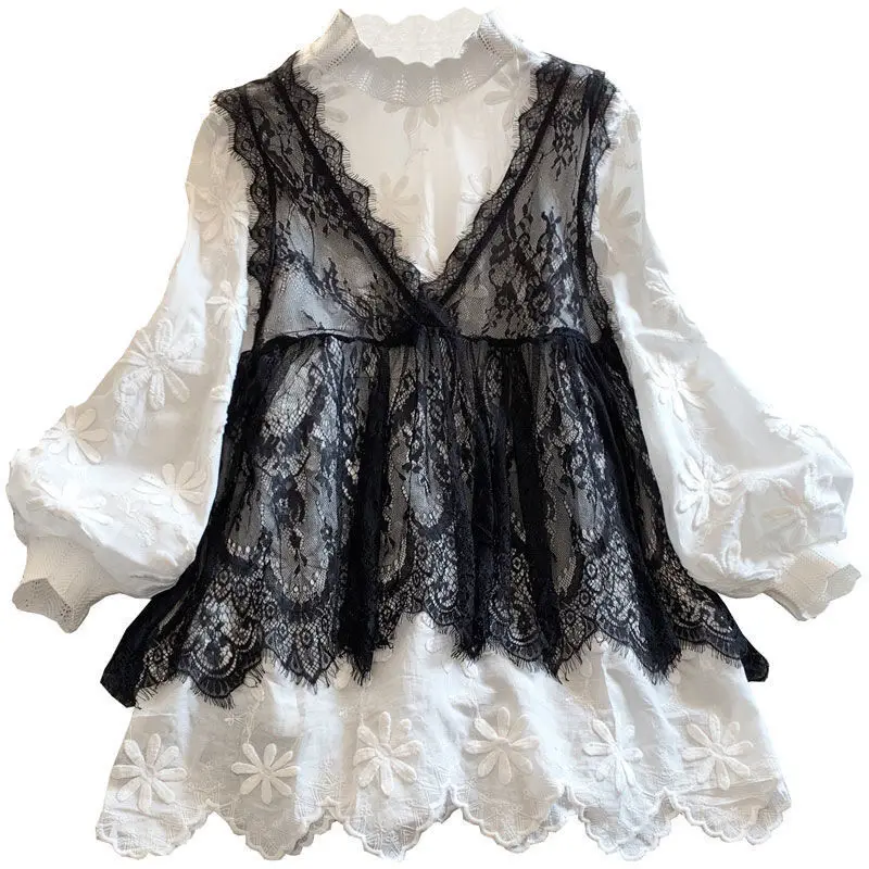 

SuperAen 2022 Spring Oversized Women's Coat Lace Patchwork Top Two Piece Stand Full Set Shirts