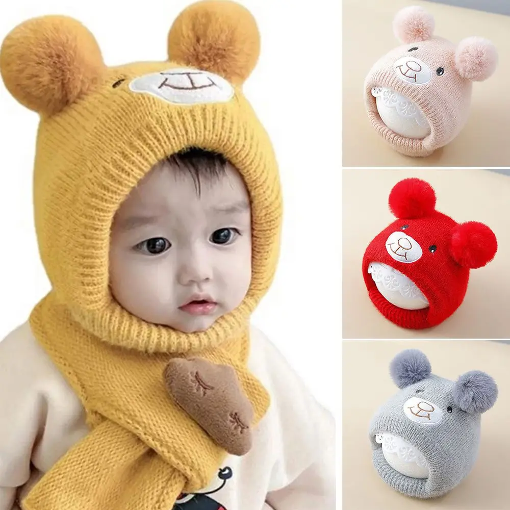 

Cute Winter Warm Beanie Knitted Cap Hooded Scarf Earflap Baby Hat Bell Hat Velvet Ear Protection Cap