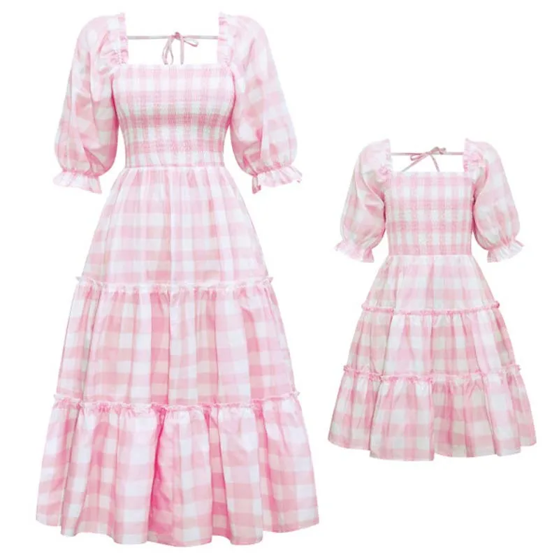 

Family Matching Mother Daughter Dresses Summer Pink Plaid Mommy and Me Clothes Outfits Mom Mum Baby Romper Women Girls Dress
