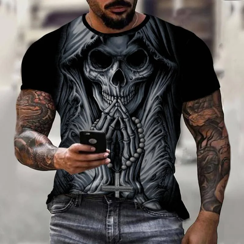 

Horror Skull Tshirt Tattoo 3D Printing Summer Men T-shirt Short Sleeve Personality Horror Streetwear O-neck Mens Clothing Tops