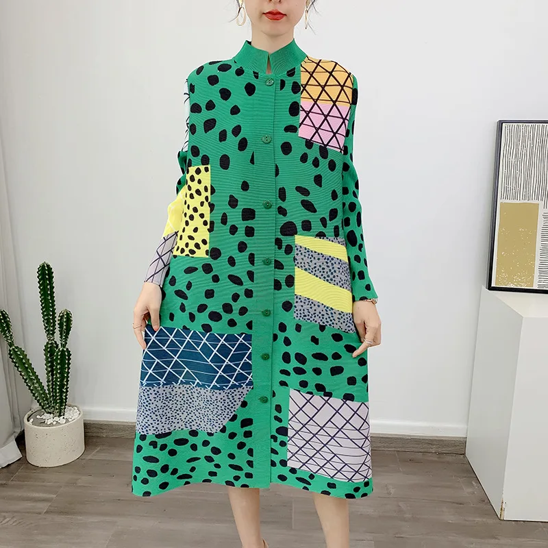 

Miyake Style Pleated Dress Women 2023 Spring/Summer New Polka Dot Print Stand Collar Single-Brewed Elegant Cardigan Shirt Dress