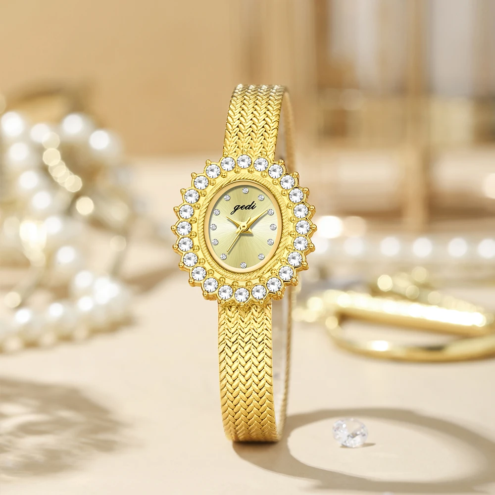GEDI Роскошные золотые часы овальной формы для женщин плетеный стальной ремешок с