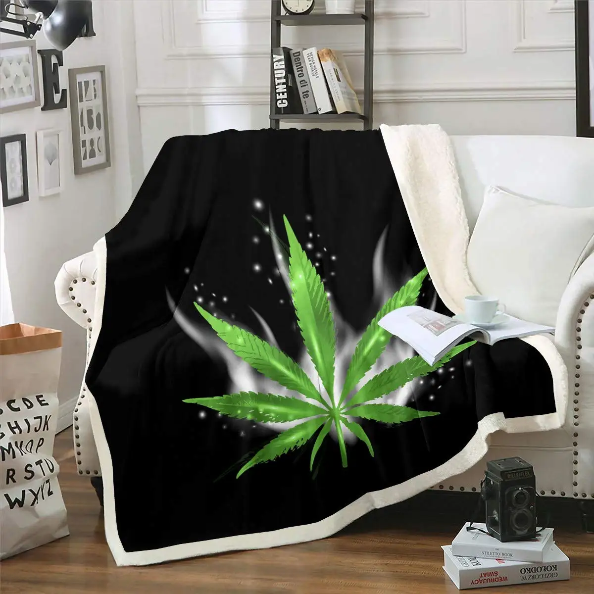 Leaf Fleece Throw Blanket for Sofa Bed Couch  Weed Leaf Plush Blanket Chic Smoky   Leaves Sherpa Blanket Green