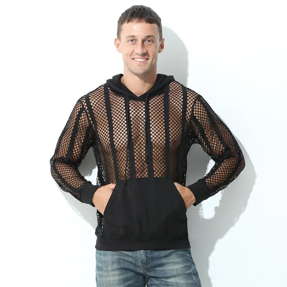 Мужская одежда сексуальные полые сетчатые топы толстовки с капюшоном прозрачная