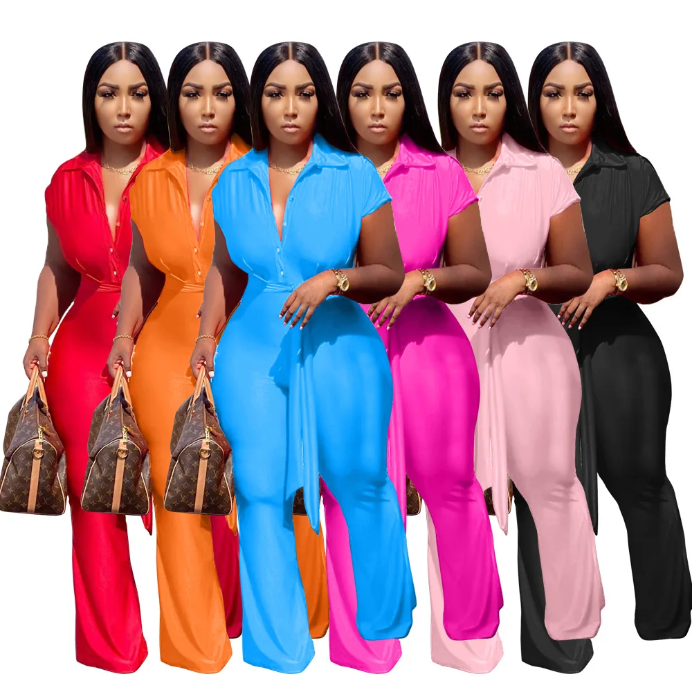 

Summer Wide Leg Trumpet Jumpsuit Women's Sexy Lapel Solid Strappy Rompers High Waist Loose Fashion Casual Female Playsuit