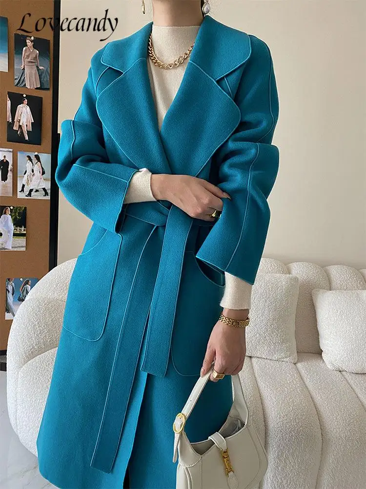 Elegant Belted Laple Woolen Coat For Women Fashion Long Sleeve Pocket Solid Long Coats Jacket Autumn Winter Warm Chic Outcoats