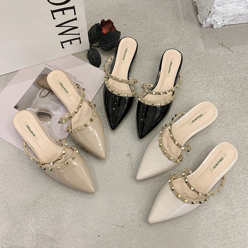 

Low Female Shoes Mules For Women 2022 Slippers Casual Slides Pointed Toe Square heel New Luxury Flat Cover Block Rubber Rome Bas