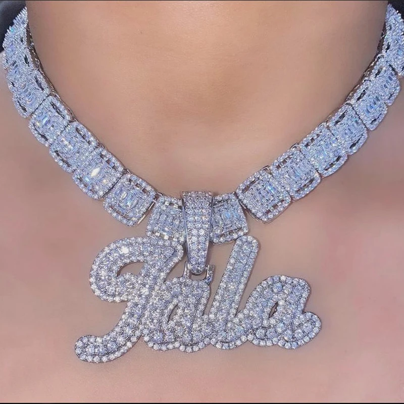 

Uwin Custom Brush Cursive Letter Pendant Name Necklace Baguettes Chain Micro Paved CZ Personalized Hiphop Jewelry