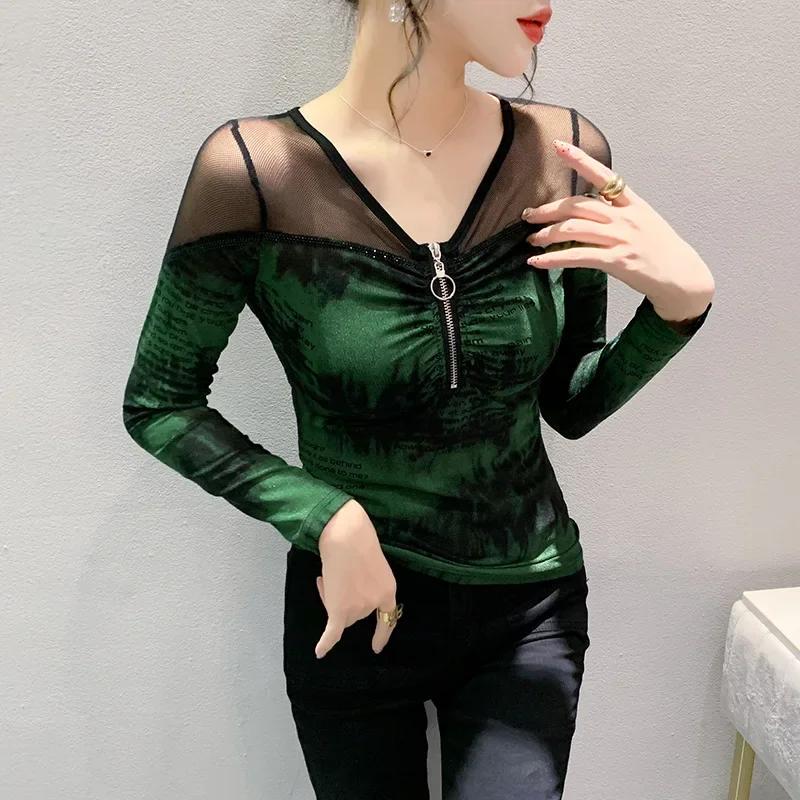 Модная облегающая футболка с круглым вырезом и полой лоскутной сеткой женская