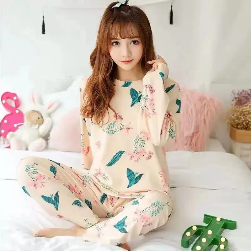 Spring Autumn Pajamas for Women Girl Fashion Flower Faux Silk Sleepwear Sets