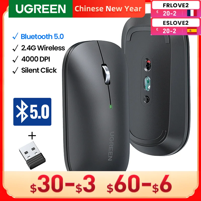

UGREEN Mouse Wireless Bluetooth Silent Mouse 4000 DPI For MacBook Tablet Computer Laptop PC Mice Slim Quiet 2.4G Wireless Mouse