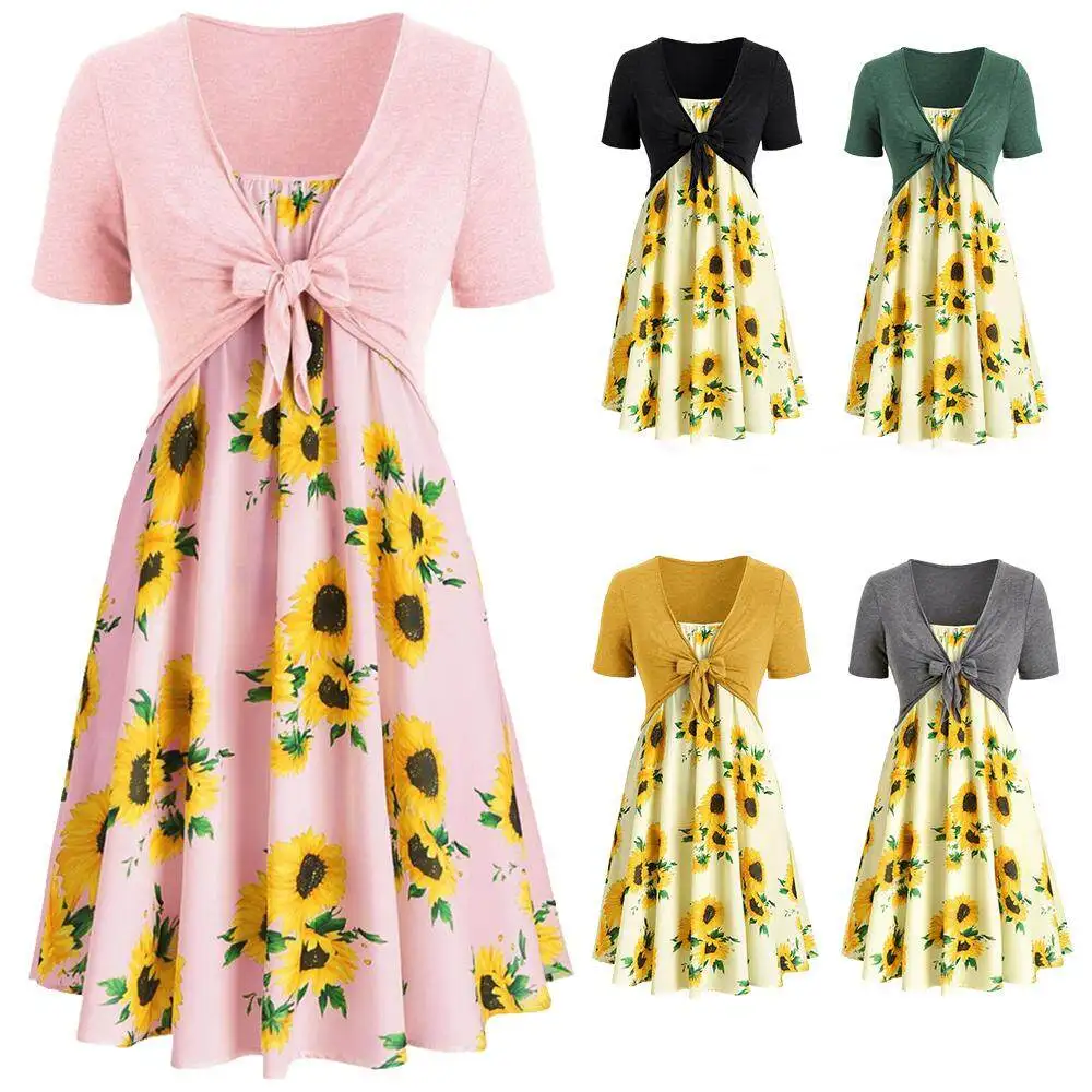 

Женское платье из двух частей, летнее платье с принтом в виде подсолнуха и узлом, повседневвечерние чное платье с коротким рукавом, 11 шт.