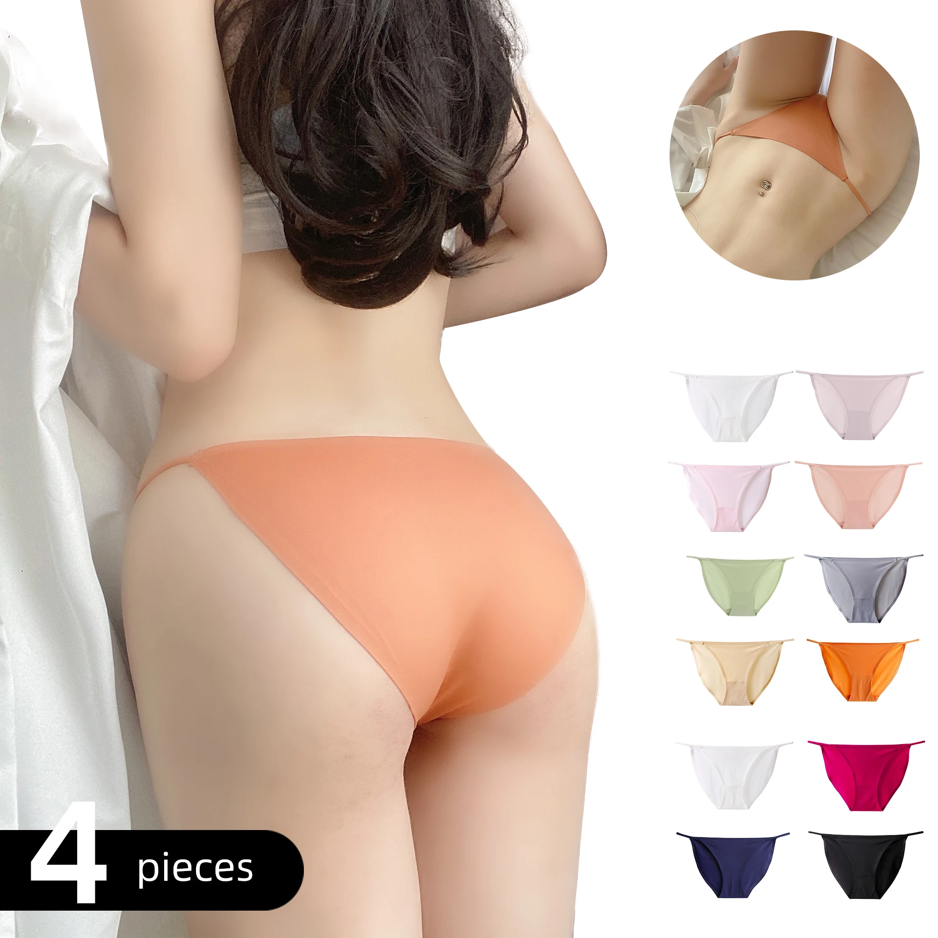

4 шт./компл. бесшовные шелковые стринги, стринги, женское нижнее белье, трусики с низкой посадкой, регулируемые ремешки для пояса, хипстерско...