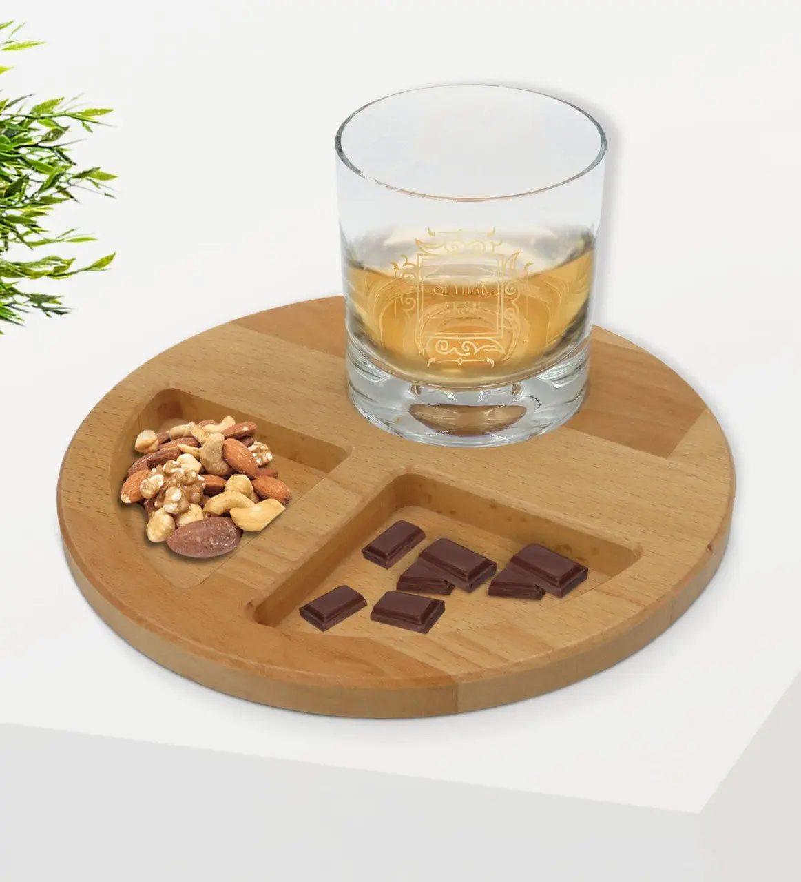 

Personalized İsimli Whisky Cup and Natural Solid Wood Round Presentation Tabağı Confectionary Gift Seti-18