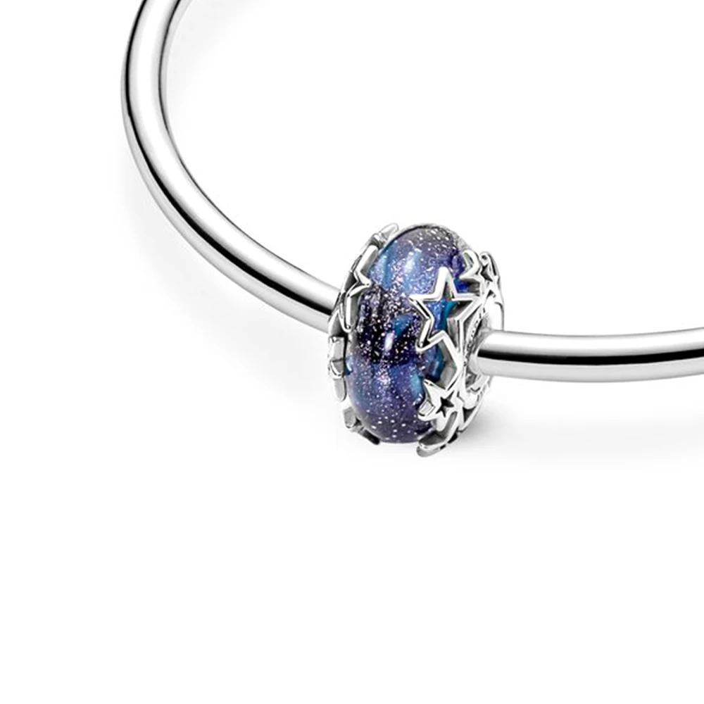 Pandora 925 Silver Galaxy Blue and Star Murano Charm, Star and Crescent Moon Charm for Women, Birthday Gift Bracelet, DIY Jewelry Executive