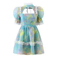princess fresh green flower organza women dress puff sleeve lace patchwork hollow out front collar mini dresses y2k vestidos