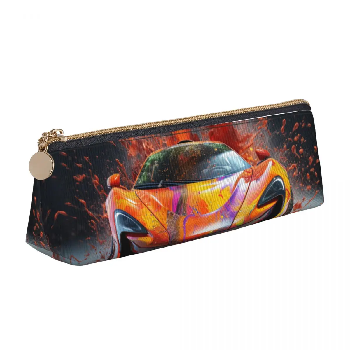 

Powerful Sports Car Triangle Pencil Case Liquid Splash Explosion Teens College Zipper Pencil Box Simple Leather Pen Pouch