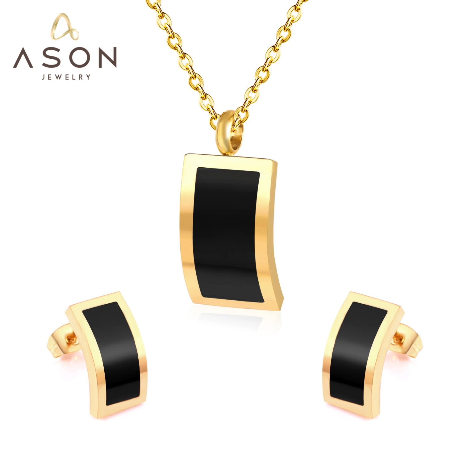 

ASONSTEEL Stainless Steel White Black Shell Pendant Necklace Piercing Stud Earrings Jewelry Sets Gold Color For Women Trending