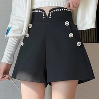 beading new shorts with high waist slim casual black wide leg pants women shorts solid color womens clothing pearls pants 610b