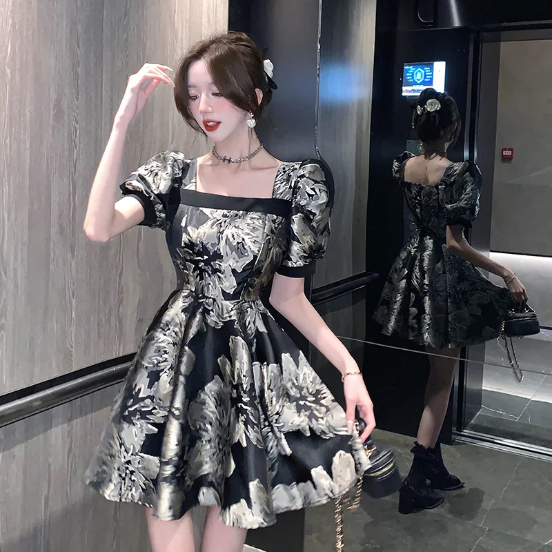 

Summer New Vintage Jacquard Dress Square Neck Puff Sleeve Slim Waist Ball Gown Dresses