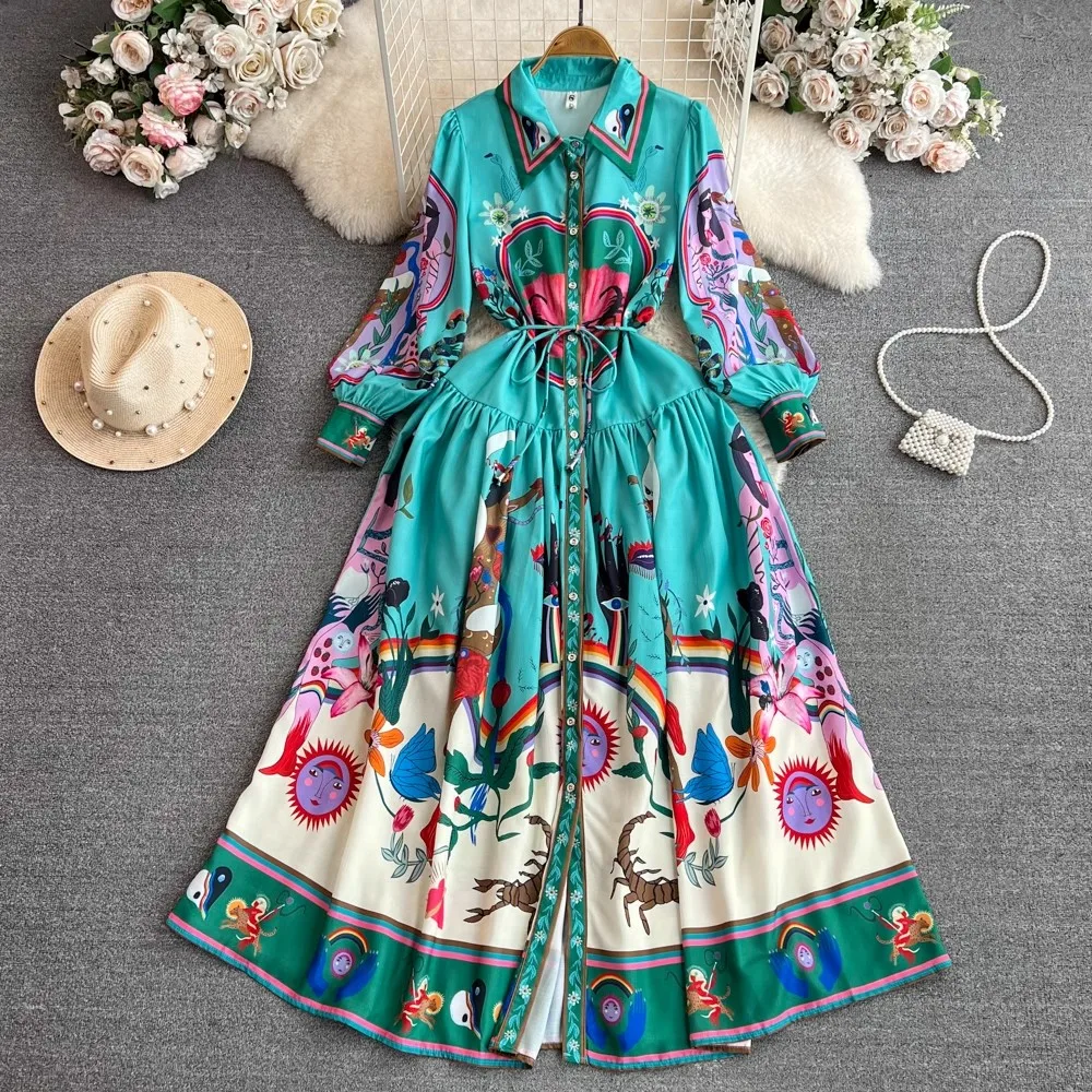 

Newest Fashion Women Autumn Dress High Quality Runway Printed Tunic Buttons Front Belted Lantern Sleeve Long Robes Vestidos