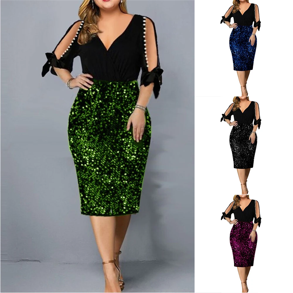 

Women's Dress Lantern Short-Sleeved Sequin V-Neck Long Wrap-around Dress Summer Dresses for Women 2022 Plus Size Newly
