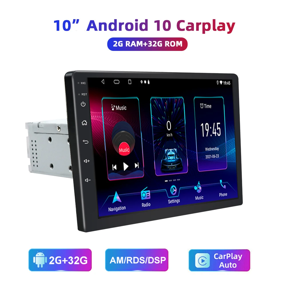 Radio con GPS para coche, reproductor con Android 10, pantalla IPS de 10,1 pulgadas, 1DIN, Apple Carplay, 2 + 32GB, estéreo, 8 núcleos, AM/RDS/DSP