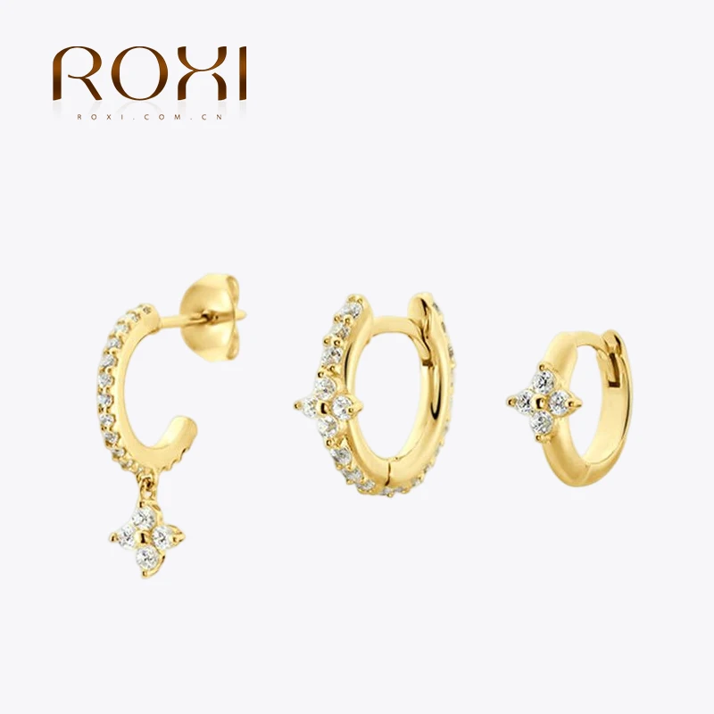 

ROXI Real 925 Sterling Silver Petal Cubic Zirconia Jewelry Set For Women Men 3 Piece Earring 18k Gold Plated Orecchini Cerchio
