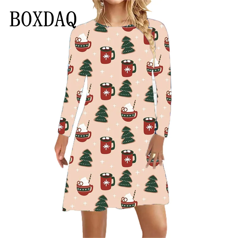Рождественская елка Платье с принтом Женская новогодняя вечеринка Мини платье