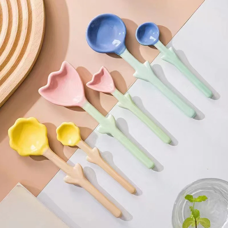 

1Pc Tulip Shaped Ceramic Spoon 3D Flowers Coffee Spoon Breakfast Dessert Spoon with Long Handle Kitchen Tableware Accessories