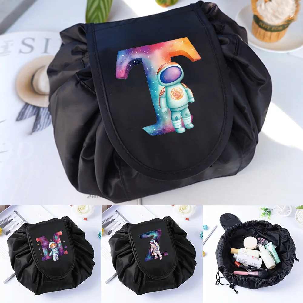 

Women Drawstring Cosmetic Bag Organizer Travel Toiletry Storage Shoulder Bag MakeUp Pouch Large Capacity Astronaut Letter Series