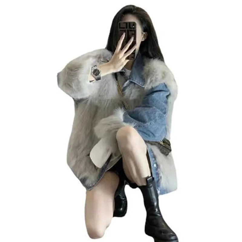 Denim imitation fox hair splicing coat female trend 2023new autumn and winter fashion design texture plus cotton thickening warm