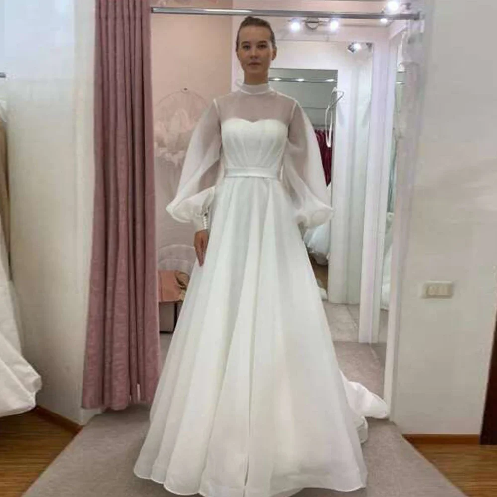 

Royal Vintage Long A Line Wedding Dresses 2022 Sleeves High Neck Beach Evening Party Princess Robe De Mariée