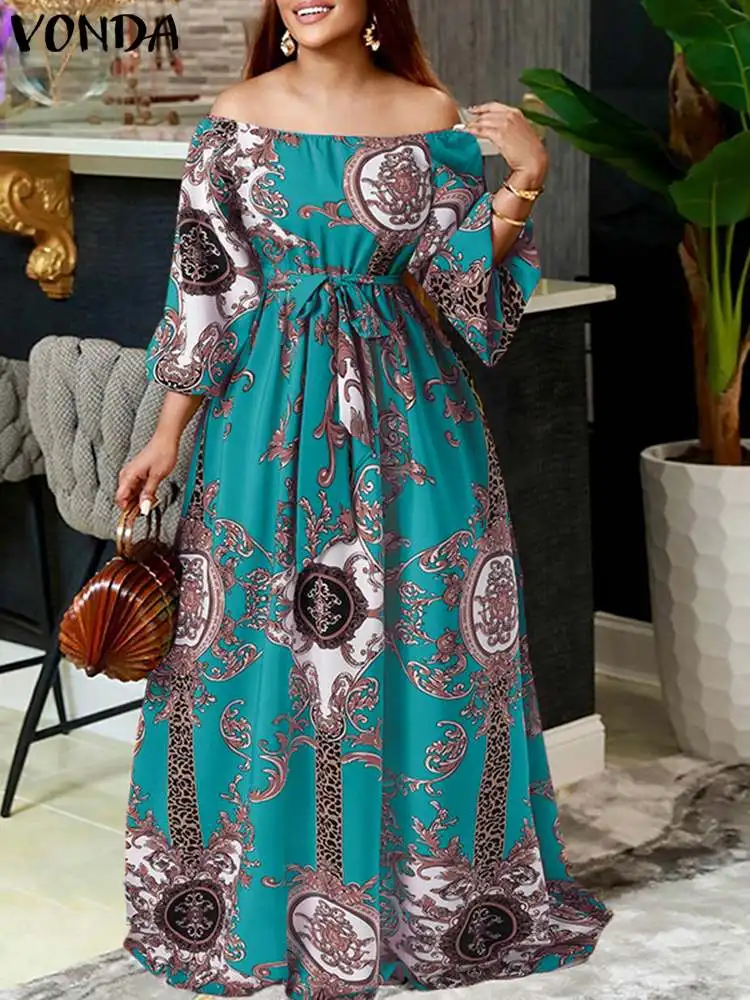 

Women Printed Party Dress 2023 Sexy Off Shoulder Sundress Bohemian Maxi Dress Femininas Vintage Vestidos Femme Robe Oversized
