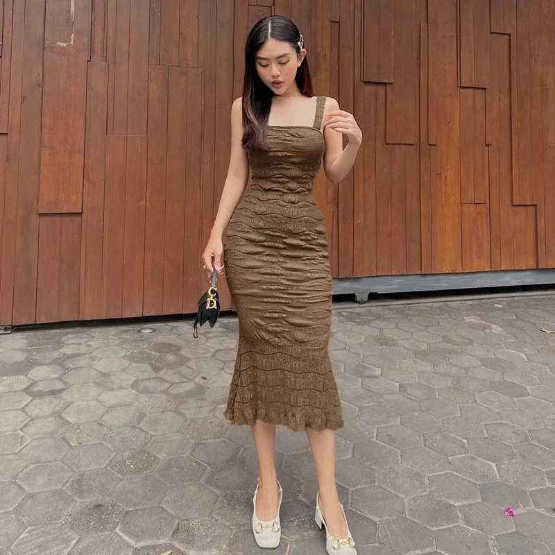 

Wepbel Bodycon Dress Tight Summer Solid Color Slim-Fit Midi Dress Spaghetti Strap Fashionable Knitted Strap Dress for Women