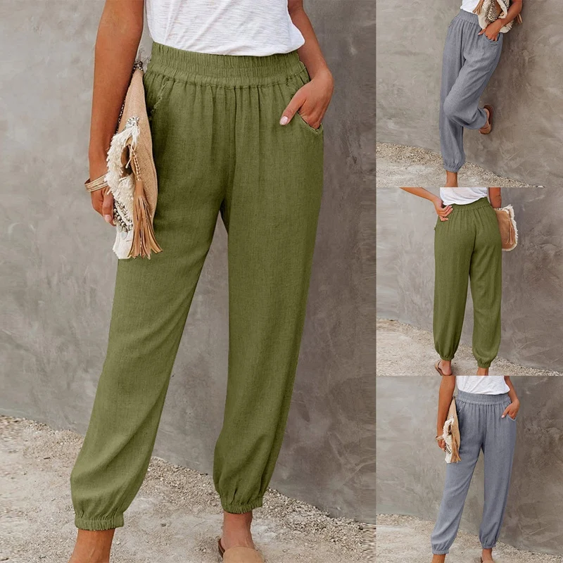 

Women's New Style European And American Solid Color Loose Pocket High Waist Nine-Point Drawstring Pants