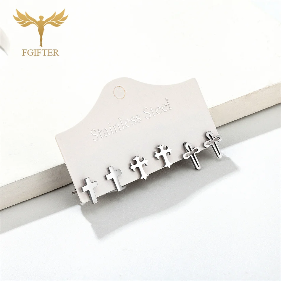 

Classic Cross Earrings Stainless Steel Ear Piercing Jewelry Men Women Religious Christian Accessories Small Stud Earrings Set