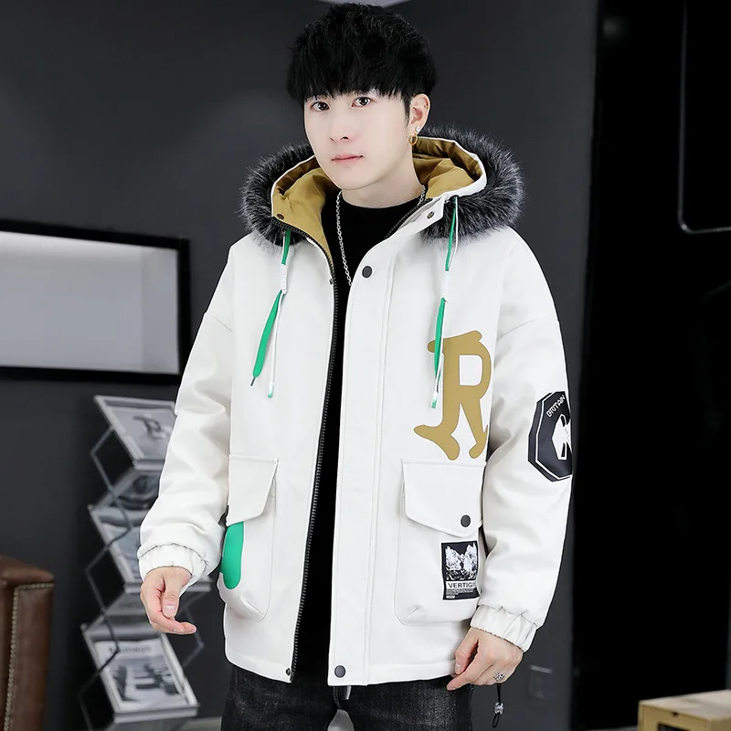 Tooling Padded Jacket Men's Winter Korean Version Plus Velvet Thick Down Padded Jacket Youth Winter Hooded Jacket Padded Jacket